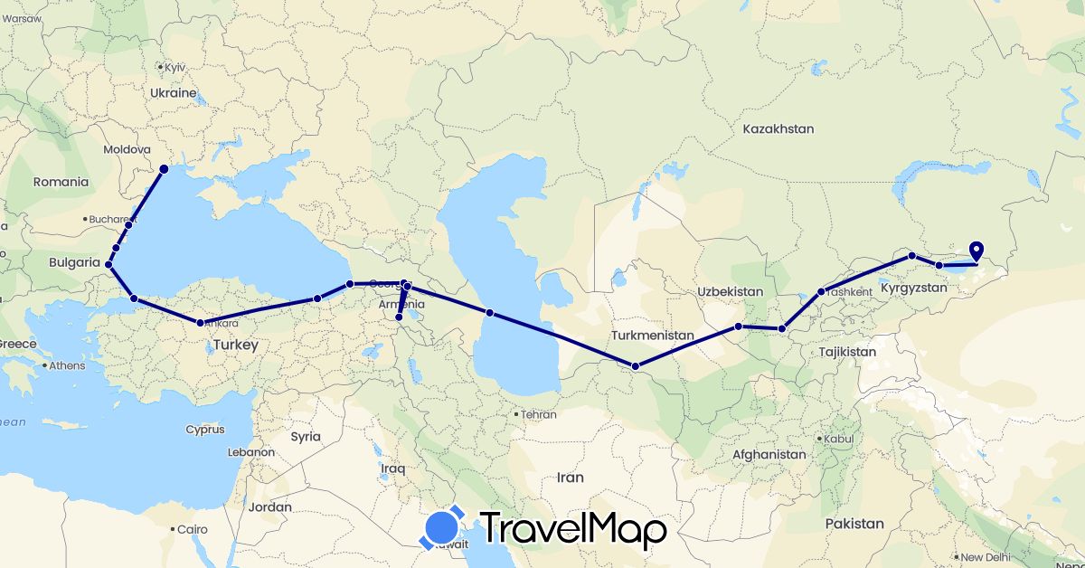 TravelMap itinerary: driving in Armenia, Azerbaijan, Bulgaria, Georgia, Kyrgyzstan, Romania, Turkmenistan, Turkey, Ukraine, Uzbekistan (Asia, Europe)